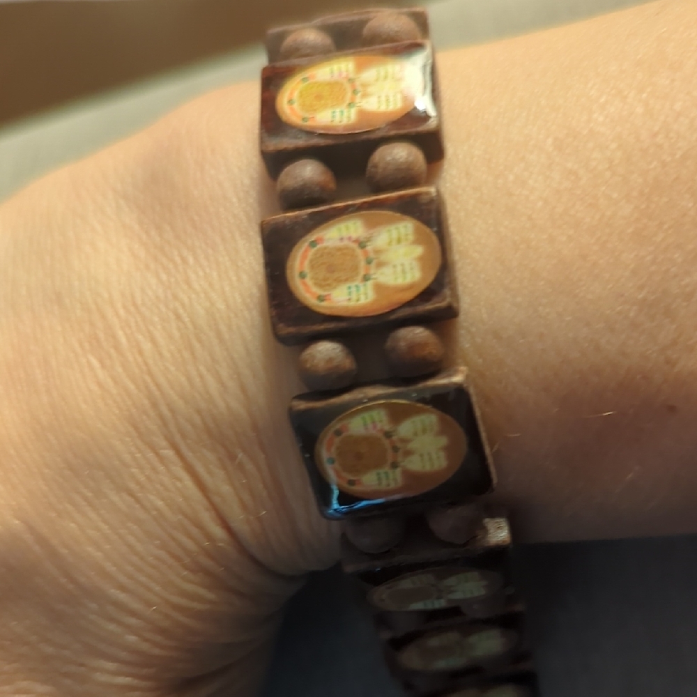 Brown Wooden Beaded Bracelet with Icons